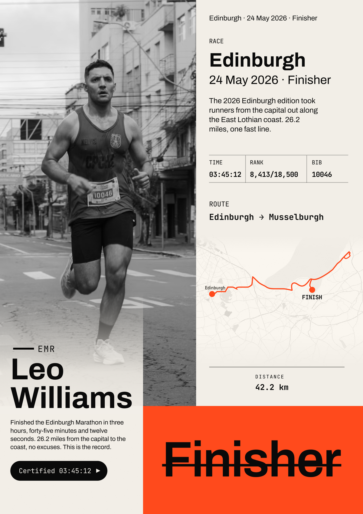 Personalised Edinburgh finisher poster featuring runner photo, race details, route map and finish time